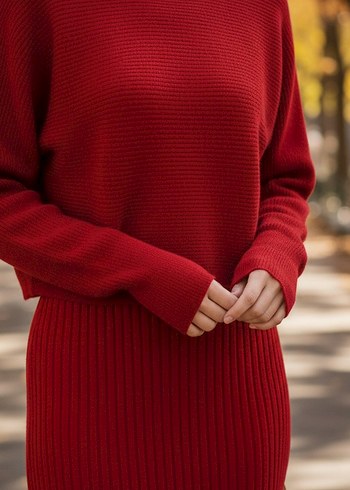 Kadın Koyu Kırmızı Örme Uzun Elbise - Görsel 4