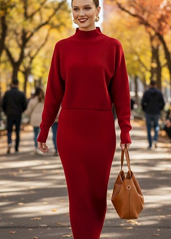 Kadın Koyu Kırmızı Örme Uzun Elbise - Görsel 3