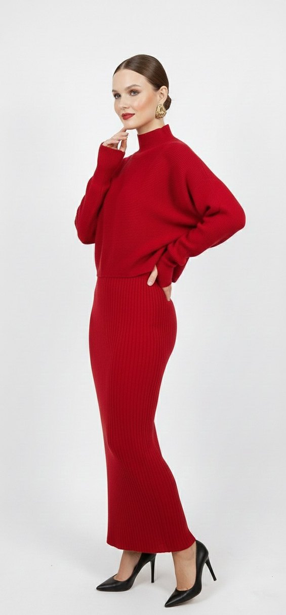 Kadın Koyu Kırmızı Örme Uzun Elbise - Görsel 5