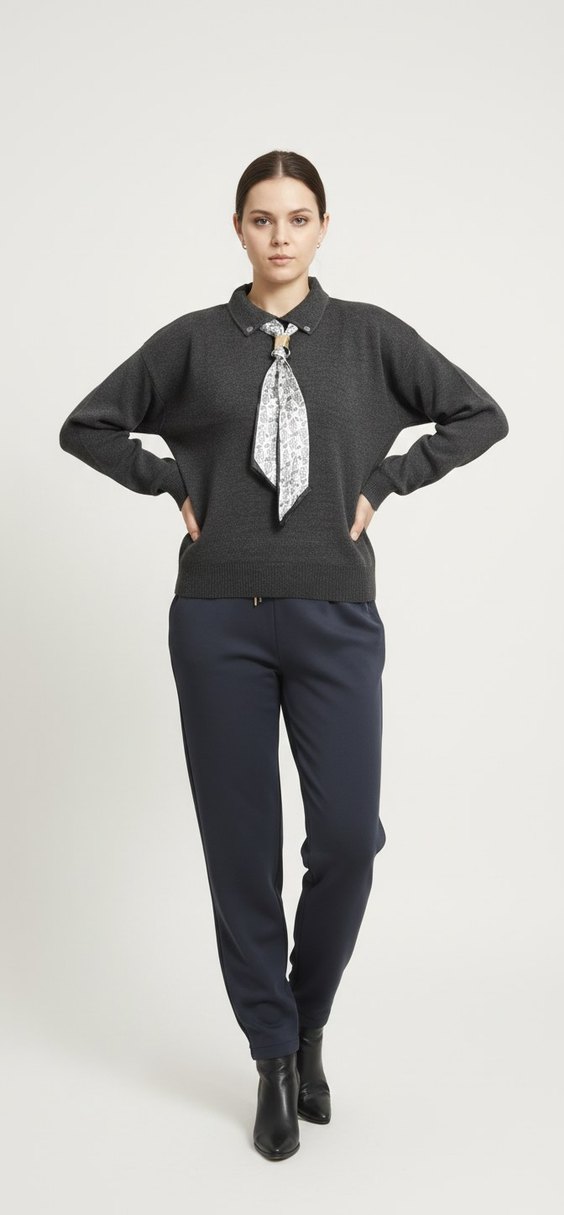 Fular Detaylı Polo Yaka Kazak - Görsel 4