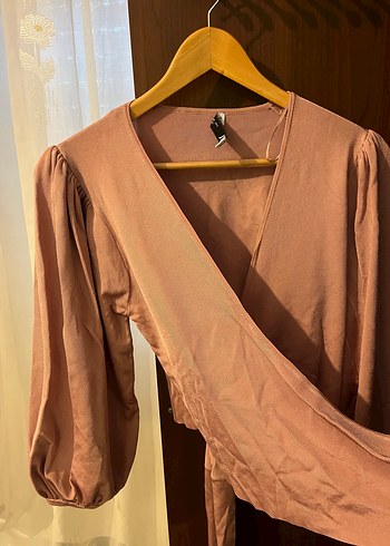 Zara Pembe V Yaka karpuz kol bağlamalı kısa bluz