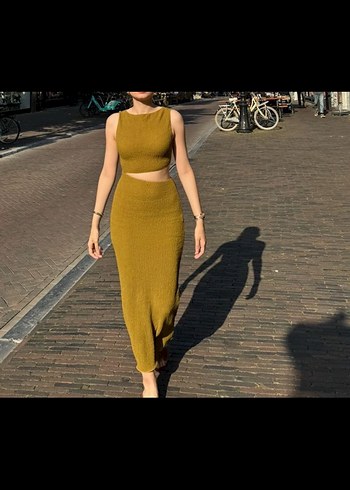 Zara Zara yağ yeşili Uzun Fit Elbise