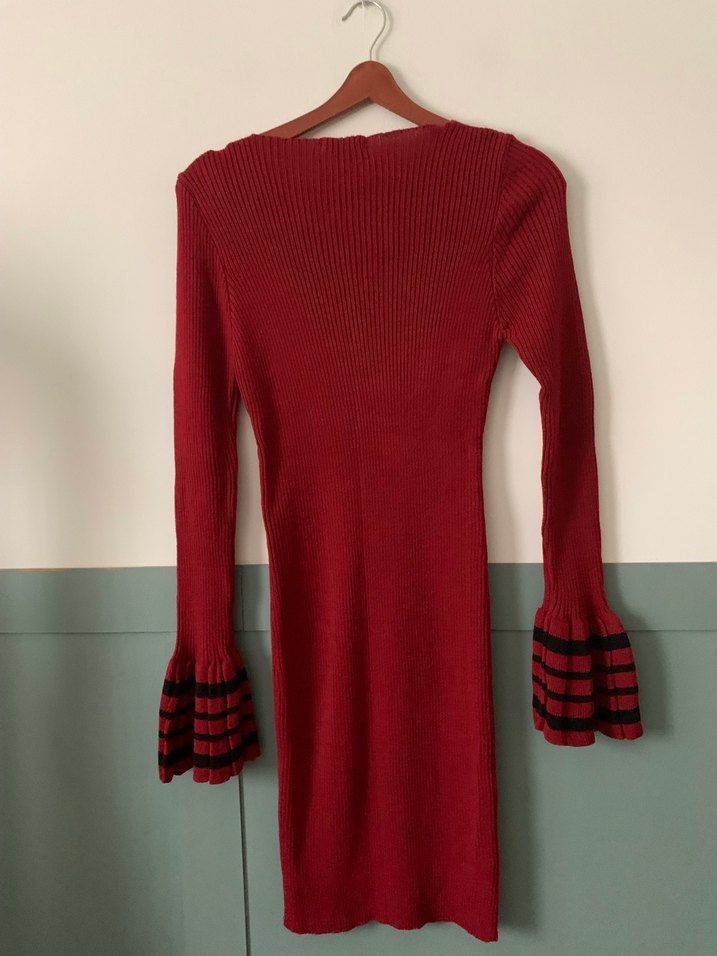 Bordo V Yakalı Triko Midi Elbise - Görsel 2