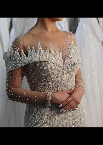 Uzun Kollu V Yaka Beyaz Balık Gelinlik - Görsel 5