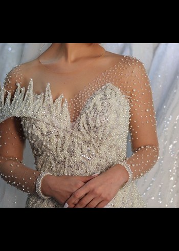 Uzun Kollu V Yaka Beyaz Balık Gelinlik - Görsel 3