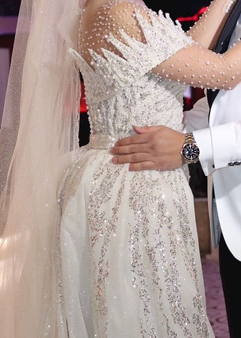 Uzun Kollu V Yaka Beyaz Balık Gelinlik - Görsel 4