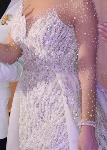 Uzun Kollu V Yaka Beyaz Balık Gelinlik - Görsel 2