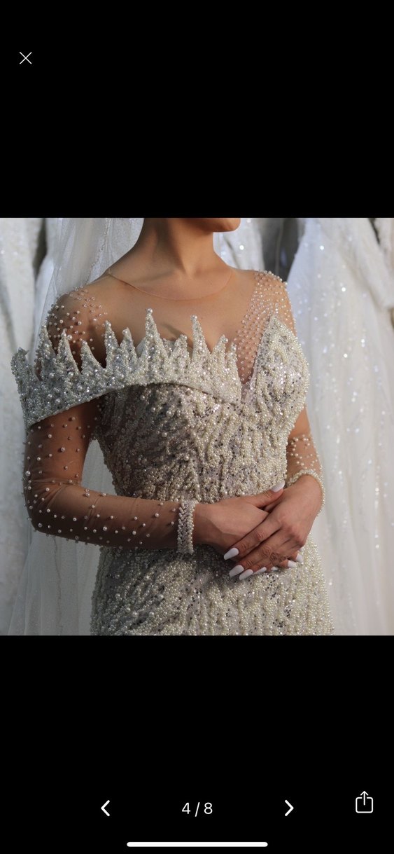 Uzun Kollu V Yaka Beyaz Balık Gelinlik - Görsel 5