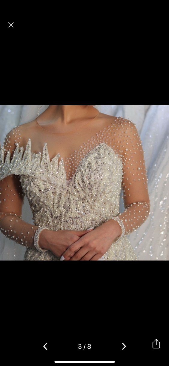 Uzun Kollu V Yaka Beyaz Balık Gelinlik - Görsel 3