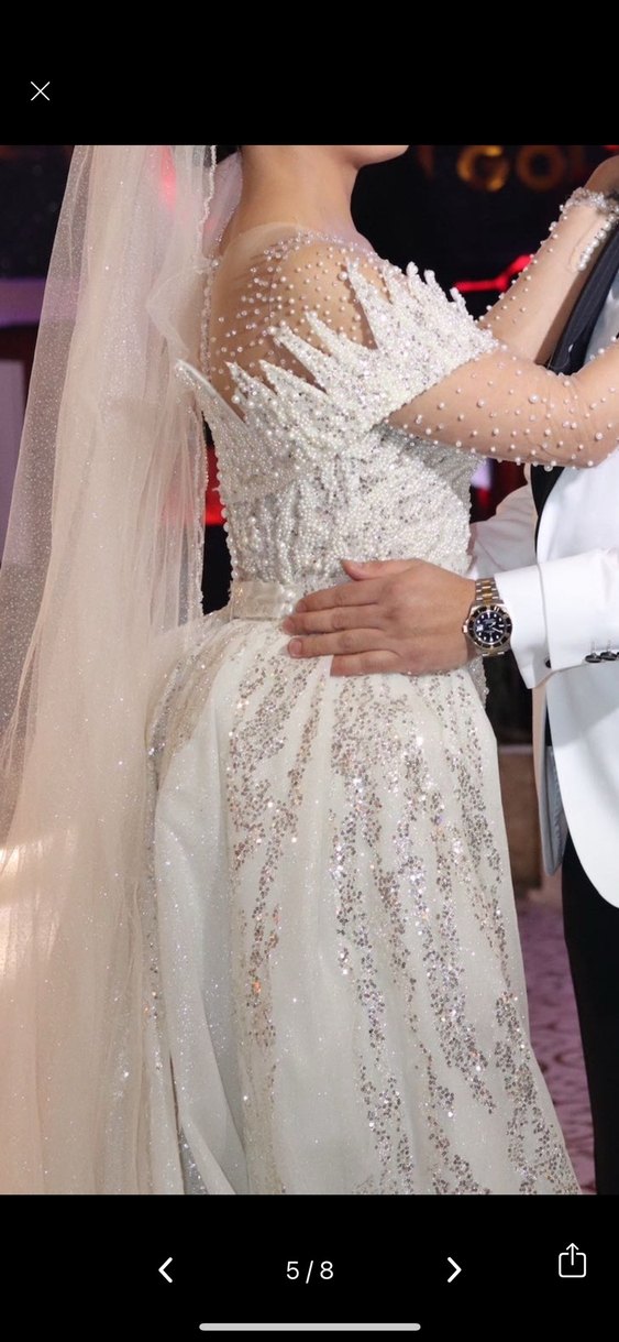 Uzun Kollu V Yaka Beyaz Balık Gelinlik - Görsel 4