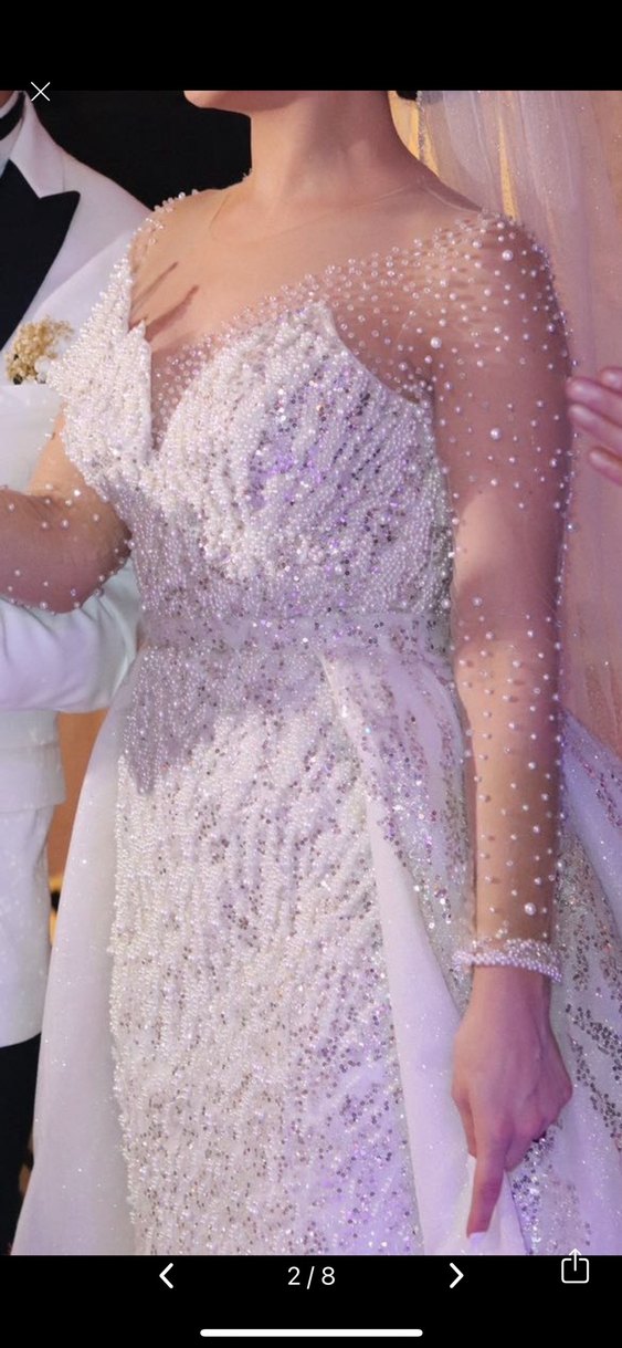 Uzun Kollu V Yaka Beyaz Balık Gelinlik - Görsel 2