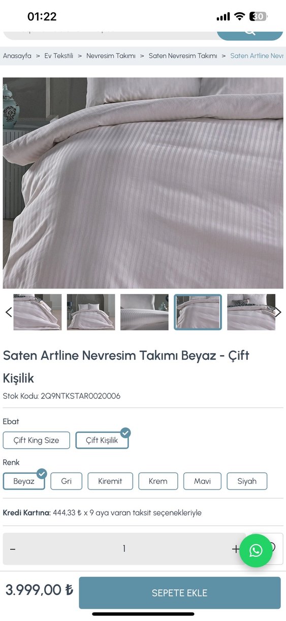 Saten Artline Beyaz Çift Kişilik Nevresim Takımı - Görsel 3