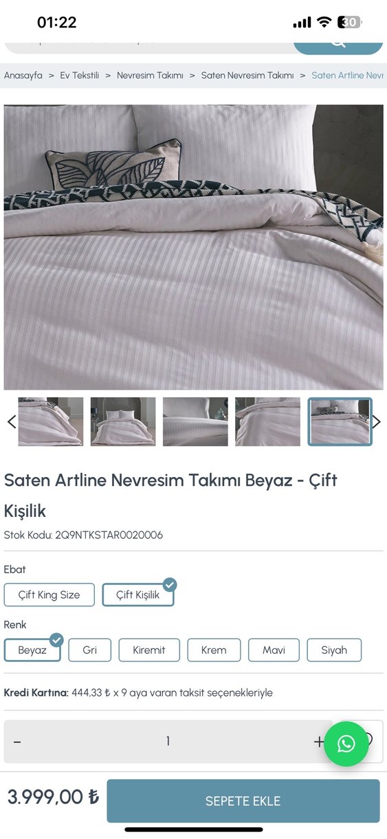 Saten Artline Beyaz Çift Kişilik Nevresim Takımı - Görsel 4