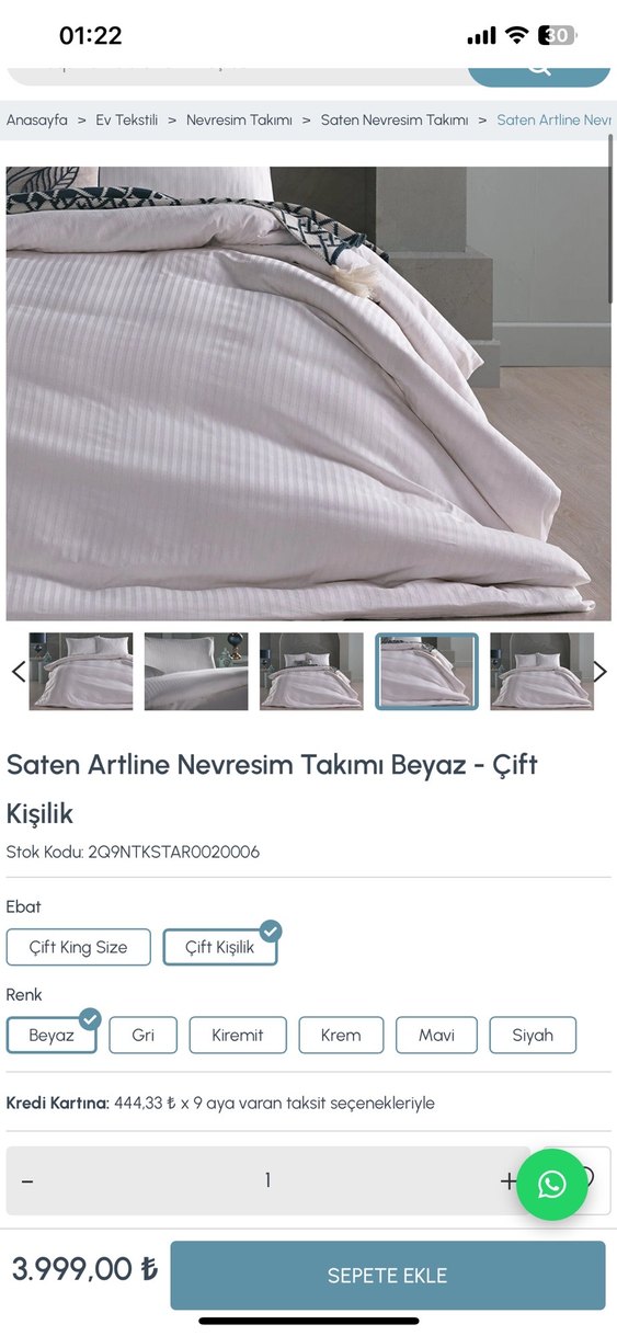 Saten Artline Beyaz Çift Kişilik Nevresim Takımı - Görsel 2