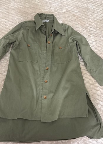 Kadın Haki Uzun Keten Gömlek - Görsel 2