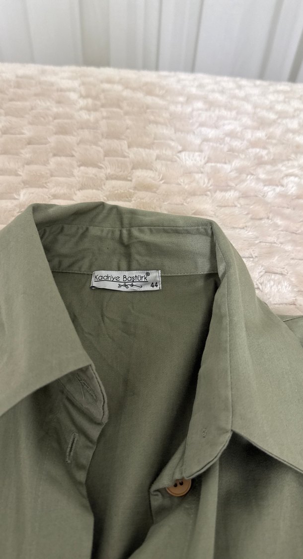 Kadın Haki Uzun Keten Gömlek - Görsel 3