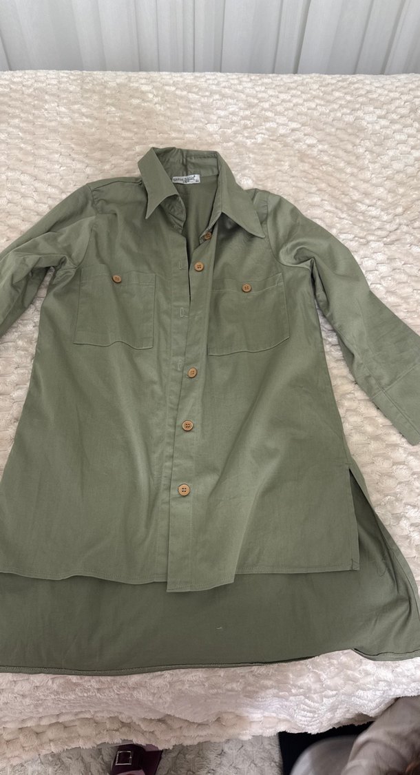 Kadın Haki Uzun Keten Gömlek - Görsel 2