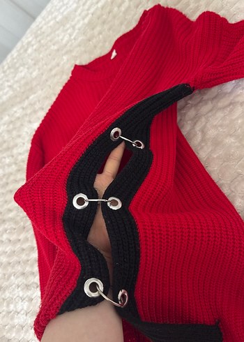 Kırmızı Triko Rahat Kesim Kadın Kazak - Görsel 2