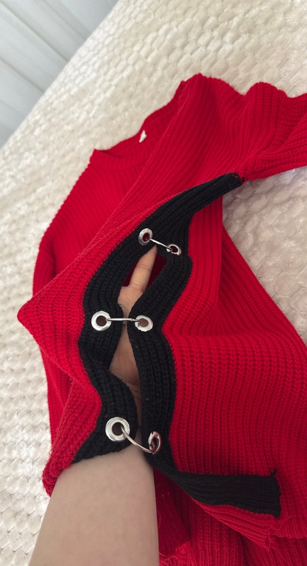 Kırmızı Triko Rahat Kesim Kadın Kazak - Görsel 2