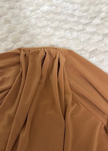 Bej Drapeli Kadın Bluz, Uzun Kollu, Saten Dokulu - Görsel 3