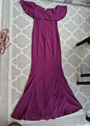 Uzun Mor Drapeli Kayık Yaka Kadın Abiye - Görsel 3