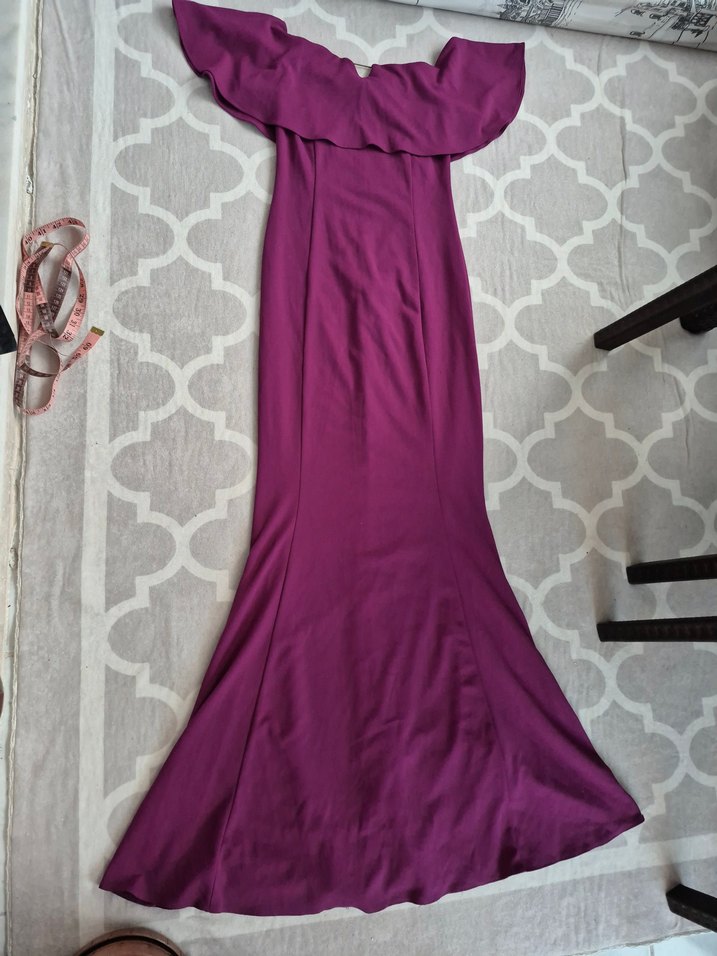 Uzun Mor Drapeli Kayık Yaka Kadın Abiye - Görsel 3