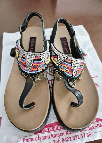 Tergan Boncuklu Renkli Bohem Kadın Dolgu Topuk Sandalet