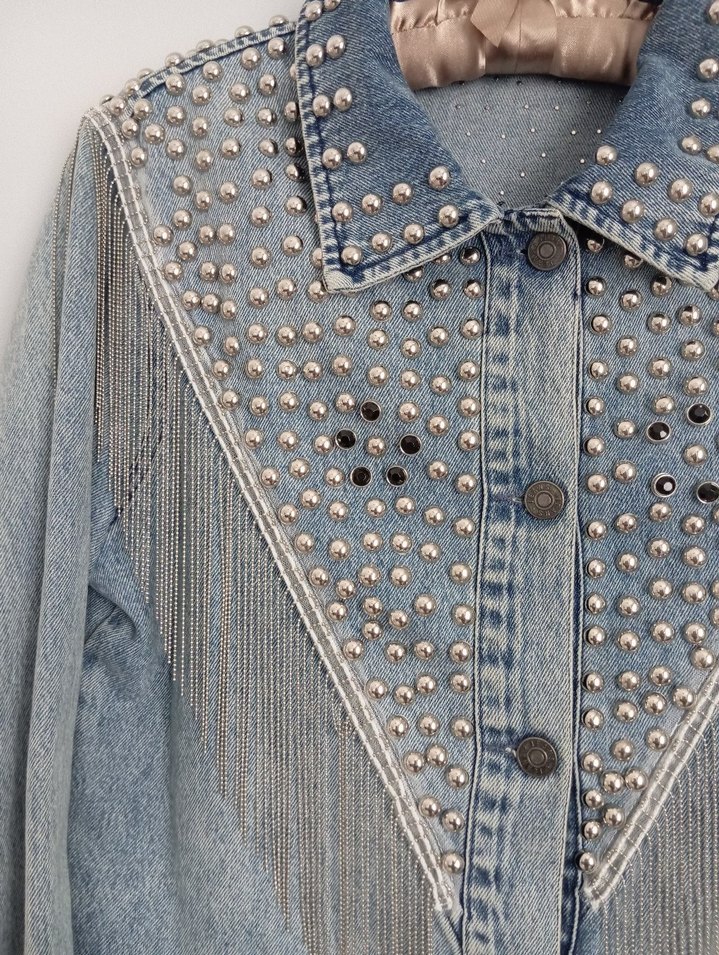 Boncuk Detaylı Kadın Denim Ceket - Görsel 3