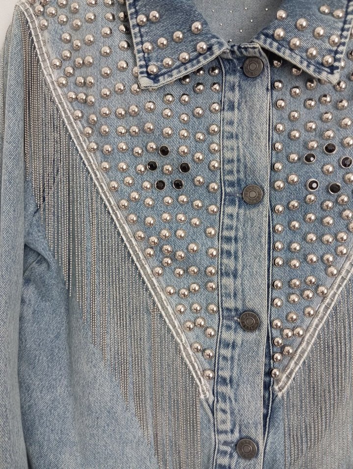 Boncuk Detaylı Kadın Denim Ceket - Görsel 2