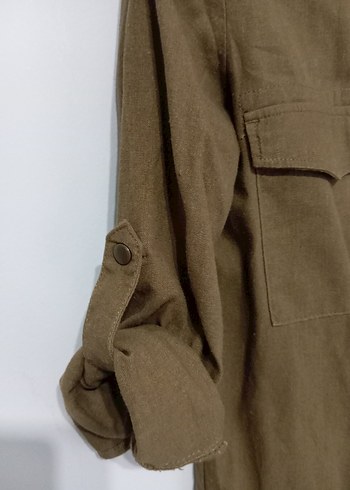 Bej Düğmeli Keten Midi Gömlek elbise - Görsel 3