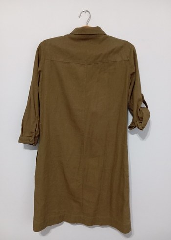 Bej Düğmeli Keten Midi Gömlek elbise - Görsel 4