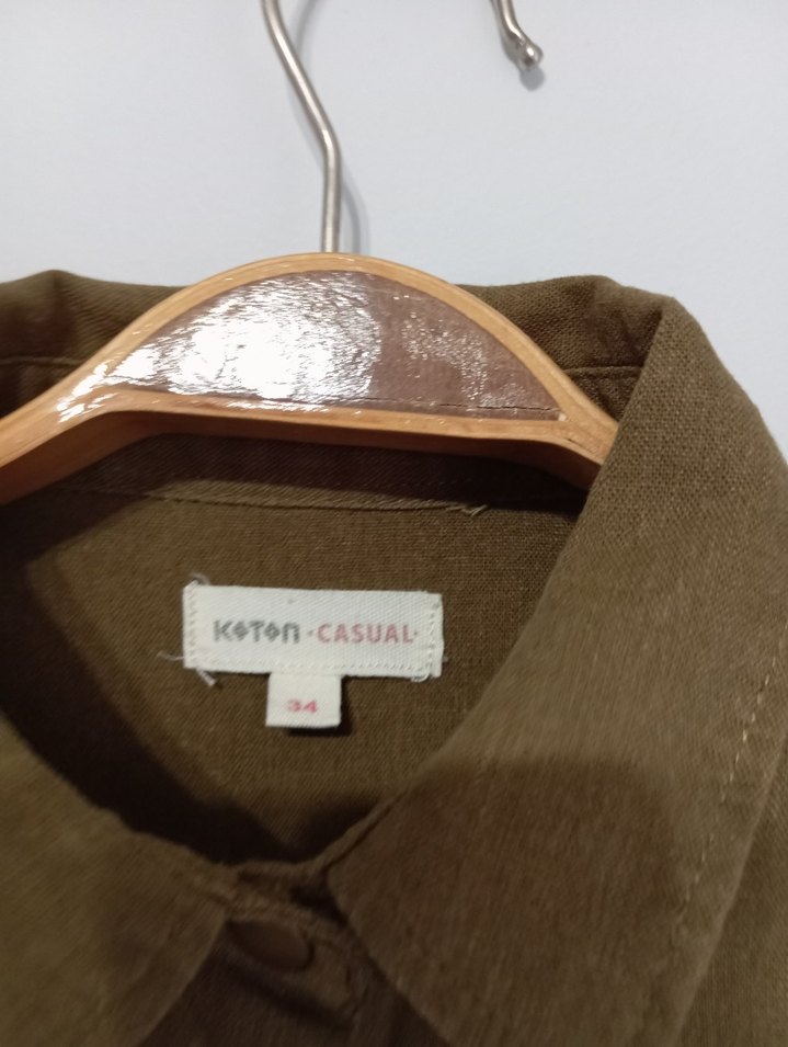 Bej Düğmeli Keten Midi Gömlek elbise - Görsel 2