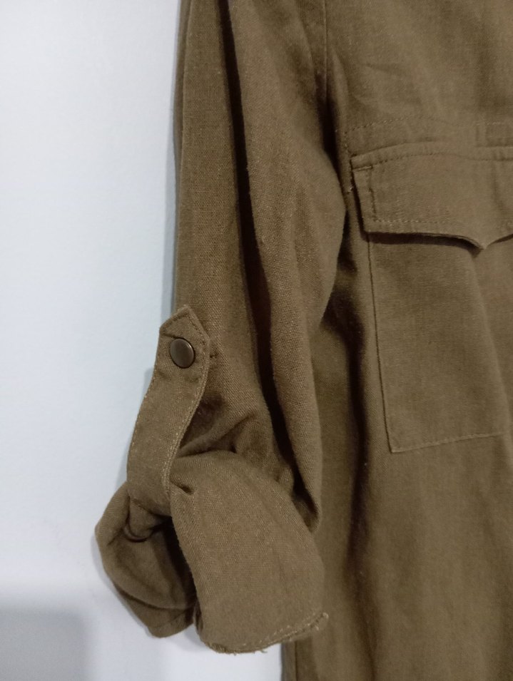 Bej Düğmeli Keten Midi Gömlek elbise - Görsel 3