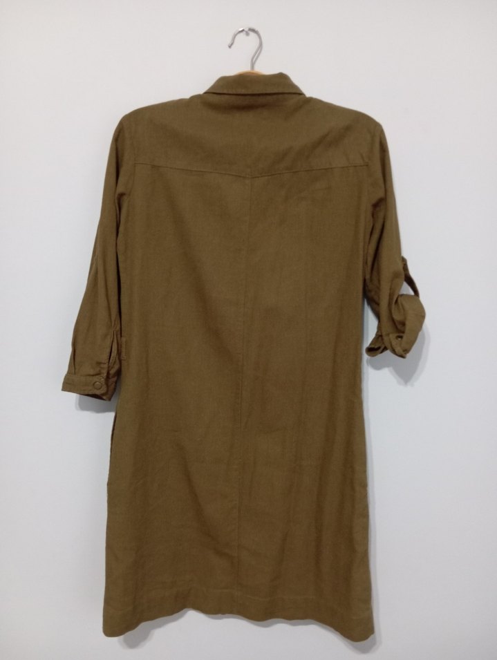 Bej Düğmeli Keten Midi Gömlek elbise - Görsel 4