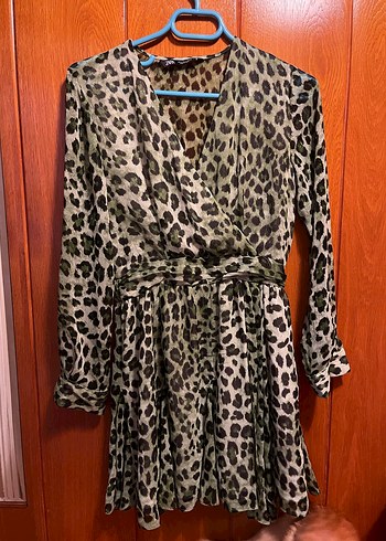 Leopar Desenli Kemerli Mini Elbise - Görsel 2