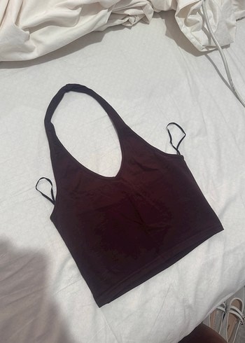 Kahve V Yaka Kolsuz Crop Top
