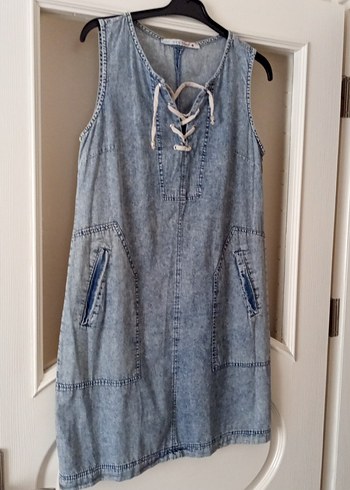 Bohem Gri Mavi Denim Midi Elbise