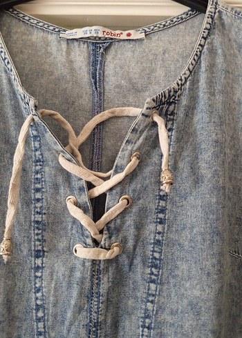 38 Beden Bohem Gri Mavi Denim Midi Elbise