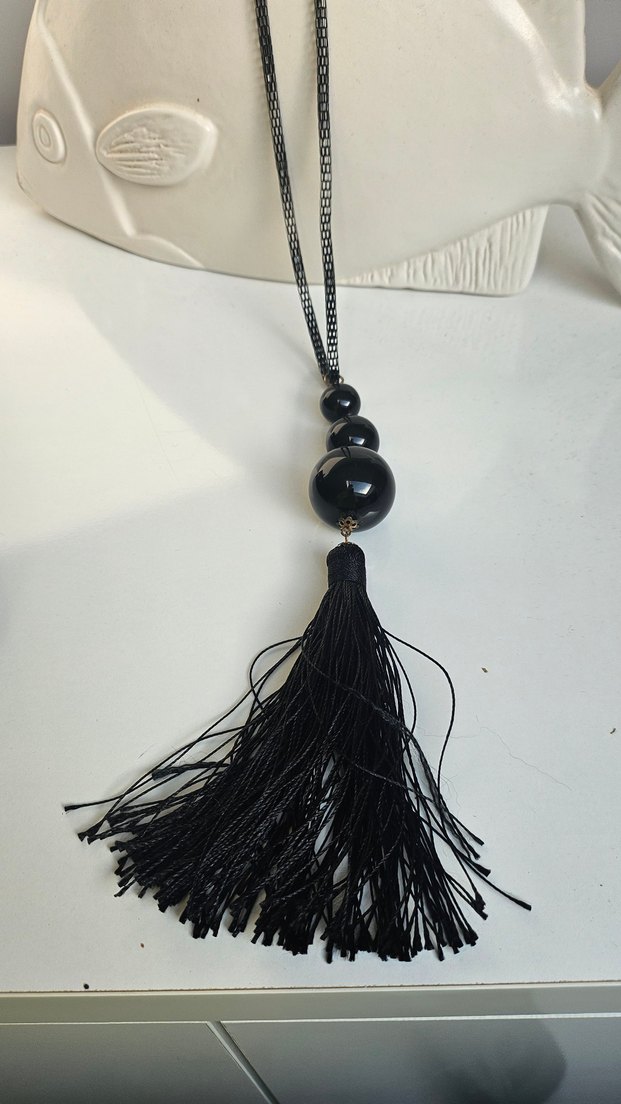 Siyah Püsküllü Uzun Yılan Desenli Gotik Kolye zinciri metal - Görsel 5