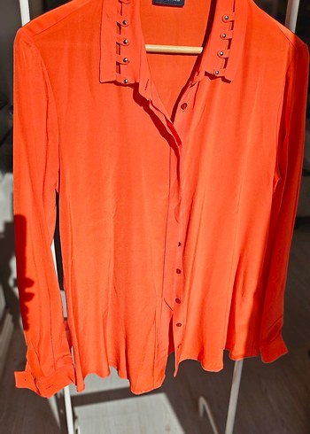 %100 IPEK Düğmeli Kırmızı Kadın Gömlek - Görsel 6