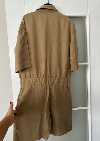 Bej Keten Kısa Kollu Kadın Şort Tulum - Görsel 4