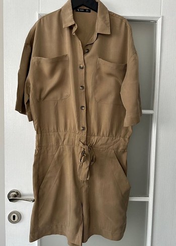 Bej Keten Kısa Kollu Kadın Şort Tulum - Görsel 3