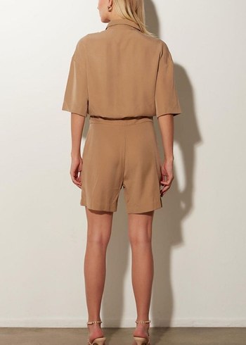 Bej Keten Kısa Kollu Kadın Şort Tulum - Görsel 2