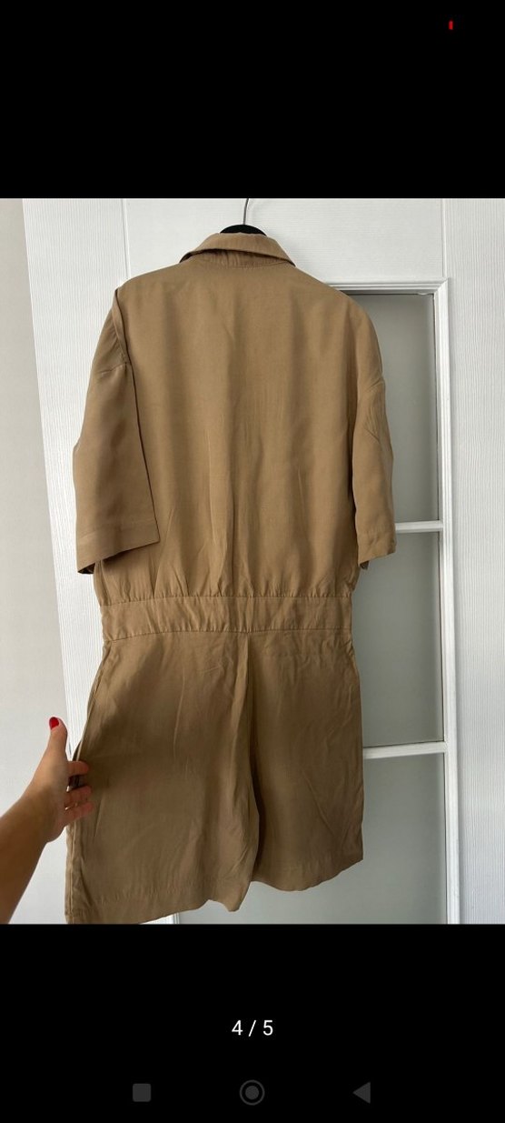 Bej Keten Kısa Kollu Kadın Şort Tulum - Görsel 4