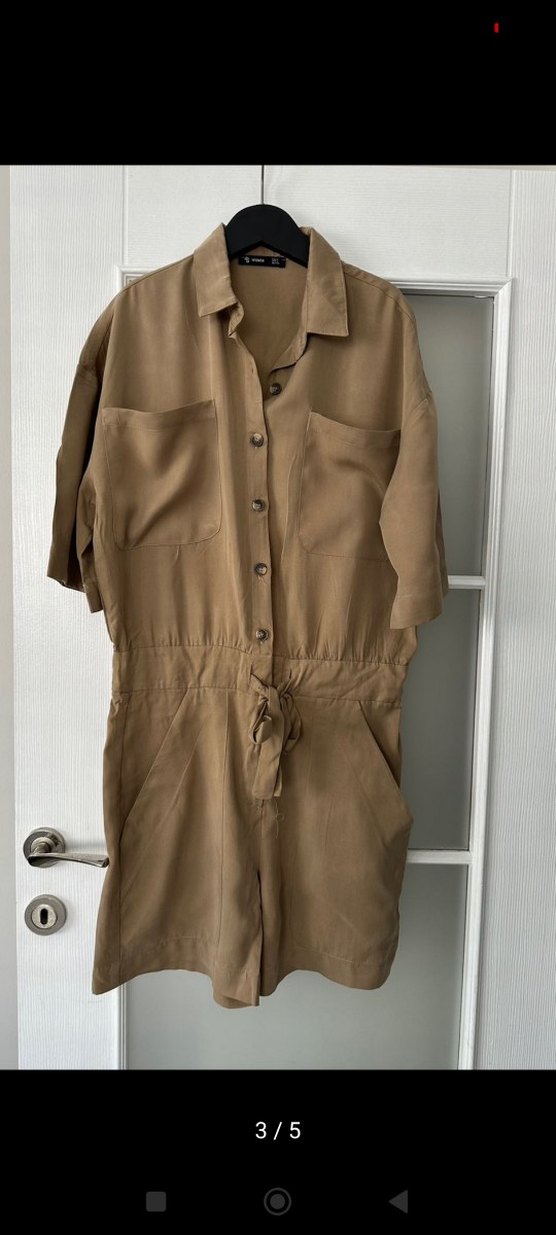 Bej Keten Kısa Kollu Kadın Şort Tulum - Görsel 3