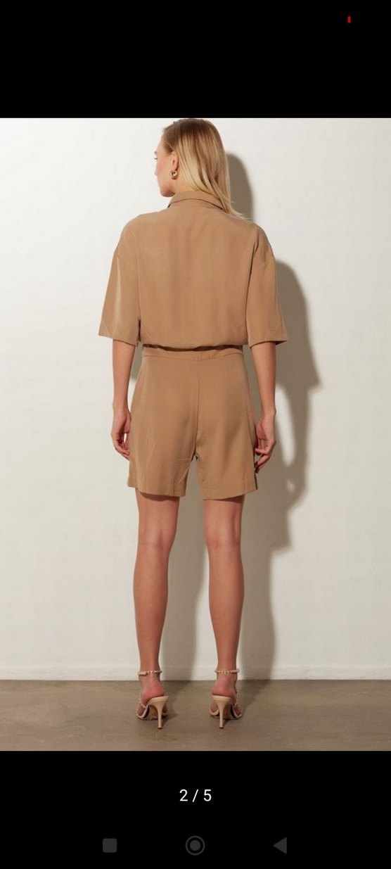 Bej Keten Kısa Kollu Kadın Şort Tulum - Görsel 2