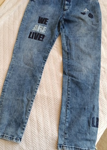 Nakışlı Düğmeli Mavi Denim Kadın Jean