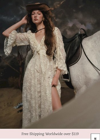 Dantel Detaylı Bej Uzun Bohem Elbise - Görsel 3