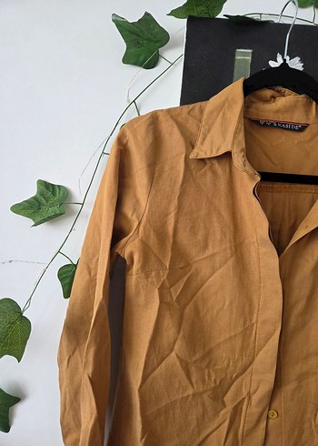 Düğmeli Bej Keten Uzun Kadın Gömlek - Görsel 2