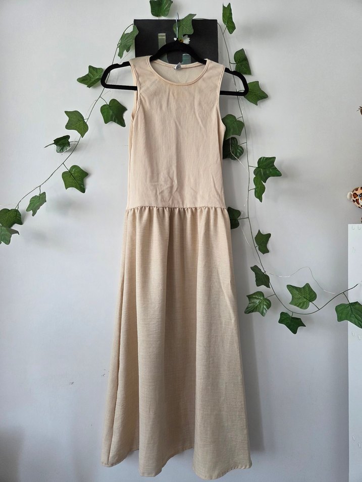 Bej Uzun Kolsuz Keten Elbise - Görsel 3